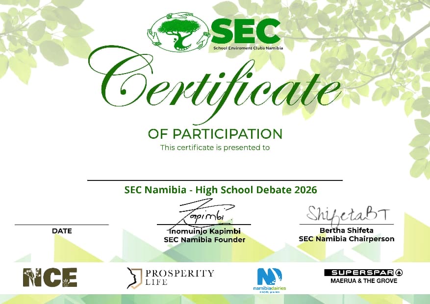 SEC Namibia High School Debate 2026 certificate of participation, signed by the SEC Namibia Founder and Chairperson